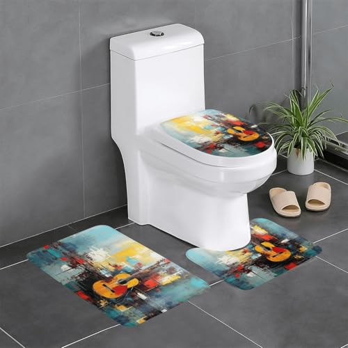 3-teiliges Badezimmerteppich-Set mit Gitarrenmalerei, Badteppiche, Badezimmermatten, U-förmiger WC-Vorleger, O-förmiger Deckelbezug 3-teiliges Badezimmerteppich-Set mit Gitarrenmalerei, Badteppiche, Badezimmermatten, U-förmiger WC-Vorleger, O-förmiger Deckelbezug von LEVNDIEJ