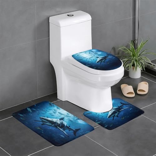 3-teiliges Badezimmerteppich-Set mit Haifisch-Aufdruck, Badteppiche, Badezimmermatten, U-förmiger WC-Vorleger, O-förmiger Deckelbezug von LEVNDIEJ