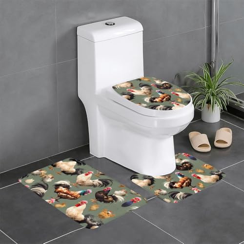 3-teiliges Badezimmerteppich-Set mit Huhn- und Hahn-Aufdruck, Badteppich, Badezimmermatten, U-förmiger WC-Vorleger, O-förmiger Deckelbezug von LEVNDIEJ