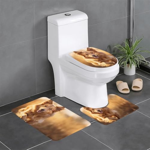 3-teiliges Badezimmerteppich-Set mit Hunde-Aufdruck, Badteppiche, Badezimmermatten, U-förmiger Toilettenvorleger, O-förmiger Deckelbezug von LEVNDIEJ