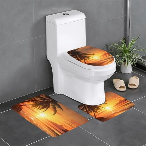 3-teiliges Badezimmerteppich-Set mit Illustration von Palmen, Badteppiche, Badezimmermatten, U-förmiger WC-Vorleger, O-förmiger Deckelbezug von LEVNDIEJ