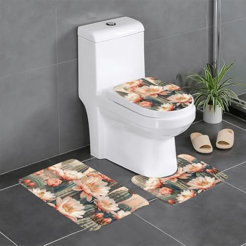 3-teiliges Badezimmerteppich-Set mit Kaktus-Blumenmuster, Badteppich, Badezimmermatten, U-förmiger Toilettenvorleger, O-förmiger Deckelbezug 3-teiliges Badezimmerteppich-Set mit Kaktus-Blumenmuster, Badteppich, Badezimmermatten, U-förmiger Toilettenvorleger, O-förmiger Deckelbezug von LEVNDIEJ