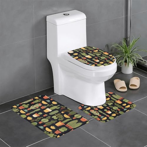 3-teiliges Badezimmerteppich-Set mit Kaktus-Druck, Badteppiche, Badezimmermatten, U-förmiger WC-Vorleger, O-förmiger Deckelbezug 3-teiliges Badezimmerteppich-Set mit Kaktus-Druck, Badteppiche, Badezimmermatten, U-förmiger WC-Vorleger, O-förmiger Deckelbezug von LEVNDIEJ