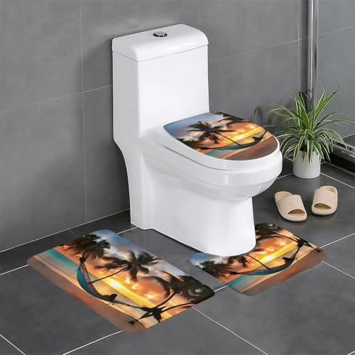 3-teiliges Badezimmerteppich-Set mit Kokosnussstrand, Sonnenuntergang, Hängematte, Badematte, U-förmiger Toilettenvorleger, O-förmiger Deckelbezug von LEVNDIEJ