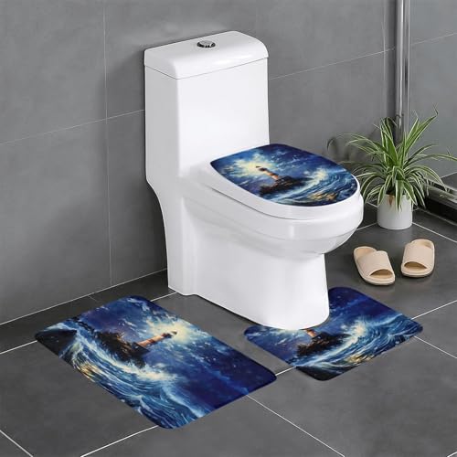 3-teiliges Badezimmerteppich-Set mit Leuchttürmen-Druck, Badteppiche, Badezimmermatten, U-förmiger WC-Vorleger, O-förmiger Deckelbezug von LEVNDIEJ