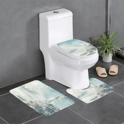 3-teiliges Badezimmerteppich-Set mit Leuchtturm-Hintergrunddruck, Badteppich, Badezimmermatten, U-förmiger WC-Vorleger, O-förmiger Deckelbezug 3-teiliges Badezimmerteppich-Set mit Leuchtturm-Hintergrunddruck, Badteppich, Badezimmermatten, U-förmiger WC-Vorleger, O-förmiger Deckelbezug von LEVNDIEJ