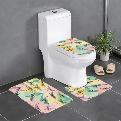 3-teiliges Badezimmerteppich-Set mit Libellen-Druck, Badteppiche, Badezimmermatten, U-förmiger WC-Vorleger, O-förmiger Deckelbezug von LEVNDIEJ