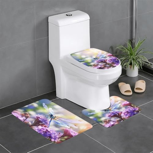 3-teiliges Badezimmerteppich-Set mit Libellen und Blumen, Badteppiche, Badezimmermatten, U-förmiger WC-Vorleger, O-förmiger Deckelbezug von LEVNDIEJ