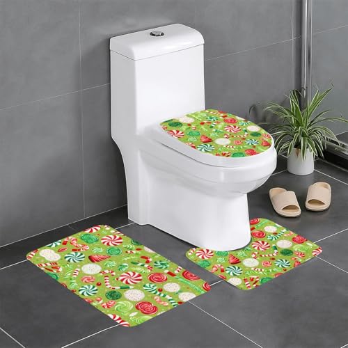 3-teiliges Badezimmerteppich-Set mit Lutscher-Druck, Badteppiche, Badezimmermatten, U-förmiger Toilettenvorleger, O-förmiger Deckelbezug von LEVNDIEJ