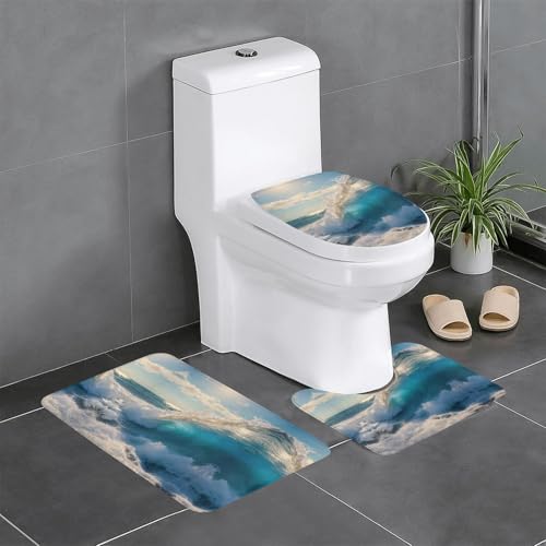 3-teiliges Badezimmerteppich-Set mit Meereswellen-Druck, Badteppiche, Badezimmermatten, U-förmiger WC-Vorleger, O-förmiger Deckelbezug von LEVNDIEJ
