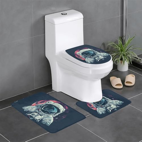 3-teiliges Badezimmerteppich-Set mit Mond-Astronauten-Druck, Badteppiche, Badezimmermatten, U-förmiger WC-Vorleger, O-förmiger Deckelbezug von LEVNDIEJ