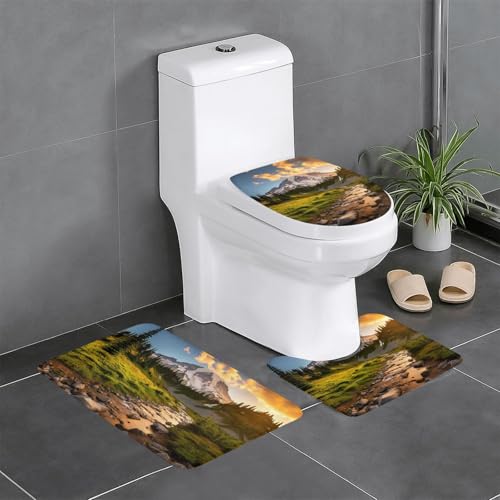 3-teiliges Badezimmerteppich-Set mit Nationalpark-Druck, Badteppiche, Badezimmermatten, U-förmiger WC-Vorleger, O-förmiger Deckelbezug von LEVNDIEJ