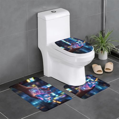 3-teiliges Badezimmerteppich-Set mit Neon-HD-Handabdruck, Badteppich, Badezimmermatten, U-förmiger Toilettenvorleger, O-förmiger Deckelbezug von LEVNDIEJ