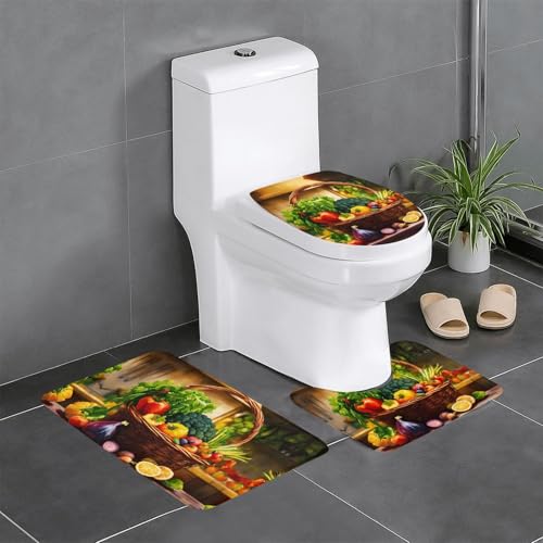3-teiliges Badezimmerteppich-Set mit Obst- und Gemüseaufdruck, Badteppiche, Badezimmermatten, U-förmiger Toilettenvorleger, O-förmiger Deckelbezug von LEVNDIEJ