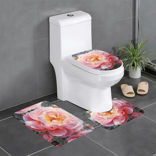 3-teiliges Badezimmerteppich-Set mit Pfingstrosen-Motiv, Badteppiche, Badezimmermatten, U-förmiger WC-Vorleger, O-förmiger Deckelbezug von LEVNDIEJ