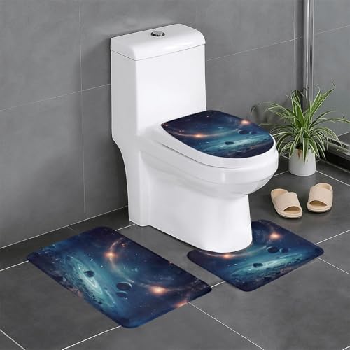 3-teiliges Badezimmerteppich-Set mit Planeten-Druck, Badteppiche, Badezimmermatten, U-förmiger WC-Vorleger, O-förmiger Deckelbezug von LEVNDIEJ