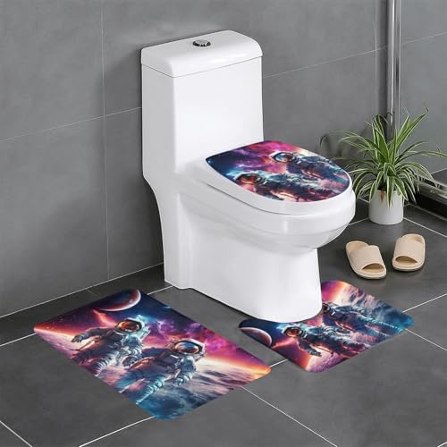 3-teiliges Badezimmerteppich-Set mit Planeten und Astronauten-Galaxie-Druck, Badteppiche, Badezimmermatten, U-förmiger Toilettenvorleger, O-förmiger Deckelbezug von LEVNDIEJ