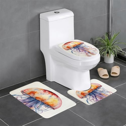 3-teiliges Badezimmerteppich-Set mit Quallen-Muster, Badteppiche, Badezimmermatten, U-förmiger WC-Vorleger, O-förmiger Deckelbezug 3-teiliges Badezimmerteppich-Set mit Quallen-Muster, Badteppiche, Badezimmermatten, U-förmiger WC-Vorleger, O-förmiger Deckelbezug von LEVNDIEJ