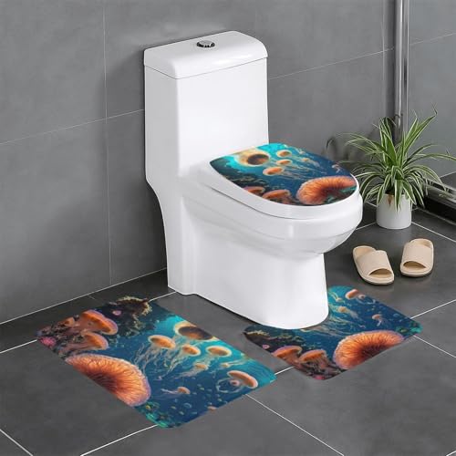 3-teiliges Badezimmerteppich-Set mit Quallen-Ozean-Druck, Badteppiche, Badezimmermatten, U-förmiger WC-Vorleger, O-förmiger Deckelbezug von LEVNDIEJ