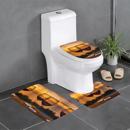 3-teiliges Badezimmerteppich-Set mit Rotwein-Druck, Badteppiche, Badezimmermatten, U-förmiger WC-Vorleger, O-förmiger Deckelbezug von LEVNDIEJ