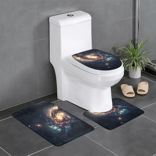 3-teiliges Badezimmerteppich-Set mit Sonnensystem-Druck, Badteppiche, Badezimmermatten, U-förmiger WC-Vorleger, O-förmiger Deckelbezug von LEVNDIEJ