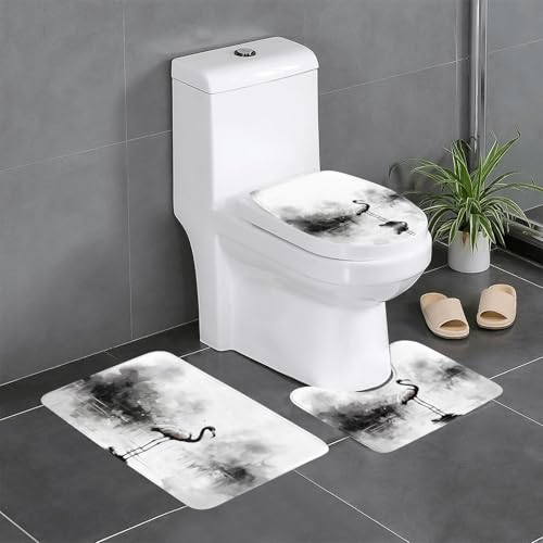 3-teiliges Badezimmerteppich-Set mit Tintenflamingo-Druck, Badteppiche, Badezimmermatten, U-förmiger Toilettenvorleger, O-förmiger Deckelbezug von LEVNDIEJ