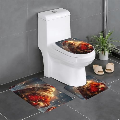 3-teiliges Badezimmerteppich-Set mit Weihnachtsmann-Druck, Badteppiche, Badezimmermatten, U-förmiger Toilettenvorleger, O-förmiger Deckelbezug von LEVNDIEJ