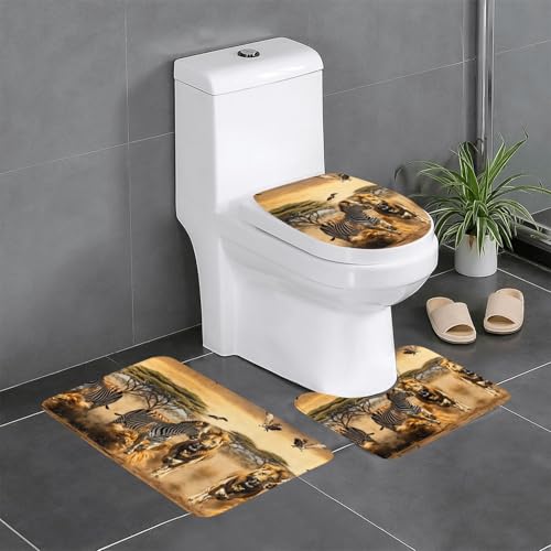 3-teiliges Badezimmerteppich-Set mit Zebra-Tiermuster, Badteppiche, Badezimmermatten, U-förmiger WC-Vorleger, O-förmiger Deckelbezug von LEVNDIEJ