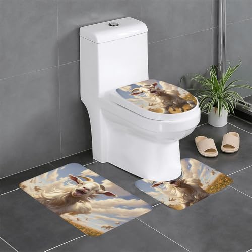 3-teiliges Badezimmerteppich-Set mit Ziegenfrolik-Druck, Badteppiche, Badezimmermatten, U-förmiger WC-Vorleger, O-förmiger Deckelbezug 3-teiliges Badezimmerteppich-Set mit Ziegenfrolik-Druck, Badteppiche, Badezimmermatten, U-förmiger WC-Vorleger, O-förmiger Deckelbezug von LEVNDIEJ