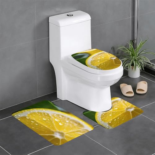 3-teiliges Badezimmerteppich-Set mit Zitronenfrucht-Druck, Badteppiche, Badezimmermatten, U-förmiger WC-Vorleger, O-förmiger Deckelbezug von LEVNDIEJ