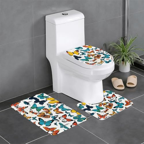 3-teiliges Badezimmerteppich-Set mit buntem Schmetterlings-Aufdruck, Badteppich, Badezimmermatten, U-förmiger WC-Vorleger, O-förmiger Deckelbezug von LEVNDIEJ