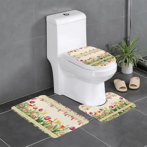 3-teiliges Badezimmerteppich-Set mit buntem Tulpenmuster, Badteppich, Badezimmermatten, U-förmiger WC-Vorleger, O-förmiger Deckelbezug 3-teiliges Badezimmerteppich-Set mit buntem Tulpenmuster, Badteppich, Badezimmermatten, U-förmiger WC-Vorleger, O-förmiger Deckelbezug von LEVNDIEJ