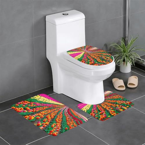 3-teiliges Badezimmerteppich-Set mit buntem Tulpenmuster, Badteppich, Badezimmermatten, U-förmiger WC-Vorleger, O-förmiger Deckelbezug von LEVNDIEJ