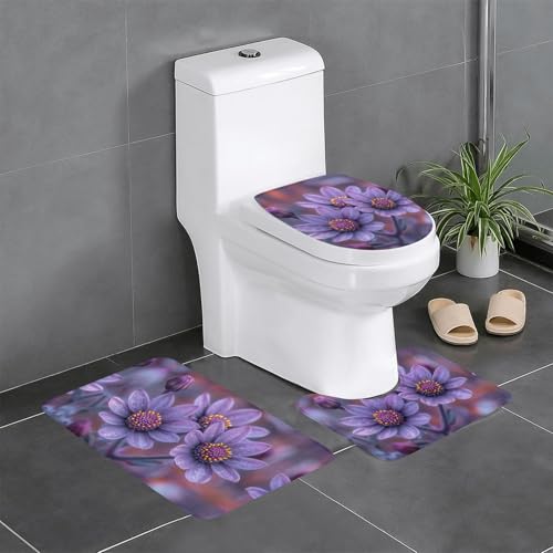 3-teiliges Badezimmerteppich-Set mit drei Blumen, 1 Druck, Badteppiche, Badezimmermatten, U-förmiger WC-Vorleger, O-förmiger Deckelbezug von LEVNDIEJ