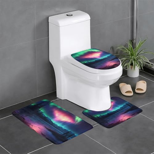 3-teiliges Badezimmerteppich-Set mit dunklem Nordlicht-Druck, Badteppiche, Badezimmermatten, U-förmiger WC-Vorleger, O-förmiger Deckelbezug 3-teiliges Badezimmerteppich-Set mit dunklem Nordlicht-Druck, Badteppiche, Badezimmermatten, U-förmiger WC-Vorleger, O-förmiger Deckelbezug von LEVNDIEJ