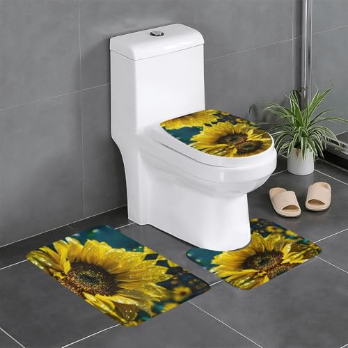 3-teiliges Badezimmerteppich-Set mit gelbem Sonnenblumen-Druck, Badteppiche, Badezimmermatten, U-förmiger WC-Vorleger, O-förmiger Deckelbezug von LEVNDIEJ