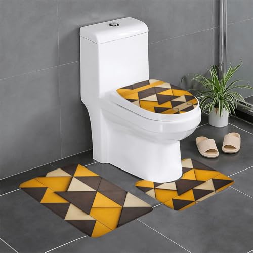 3-teiliges Badezimmerteppich-Set mit gelbem und braunem Dreiecksdruck, Badteppich, Badezimmermatten, U-förmiger WC-Vorleger, O-förmiger Deckelbezug von LEVNDIEJ