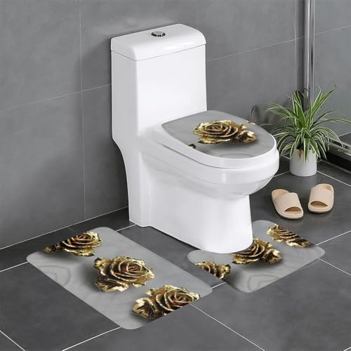 3-teiliges Badezimmerteppich-Set mit goldfarbenem Rosenmuster, Badteppiche, Badezimmermatten, U-förmiger Toilettenvorleger, O-förmiger Deckelbezug 3-teiliges Badezimmerteppich-Set mit goldfarbenem Rosenmuster, Badteppiche, Badezimmermatten, U-förmiger Toilettenvorleger, O-förmiger Deckelbezug von LEVNDIEJ