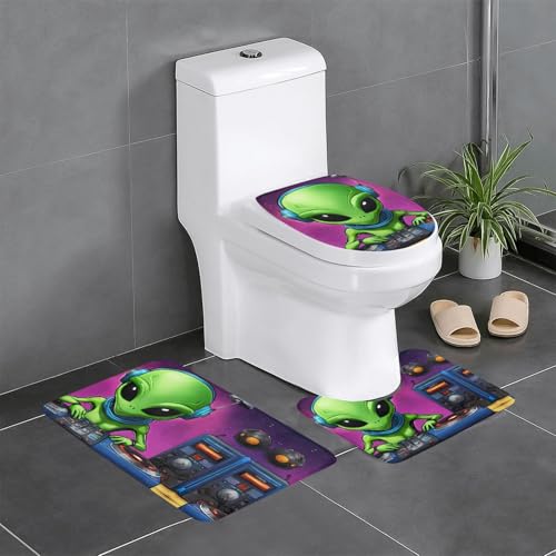 3-teiliges Badezimmerteppich-Set mit grünem Alien-Druck, Badteppiche, Badezimmermatten, U-förmiger WC-Vorleger, O-förmiger Deckelbezug von LEVNDIEJ