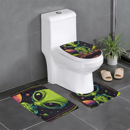 3-teiliges Badezimmerteppich-Set mit grünem Alien-Druck, Badteppiche, Badezimmermatten, U-förmiger WC-Vorleger, O-förmiger Deckelbezug von LEVNDIEJ