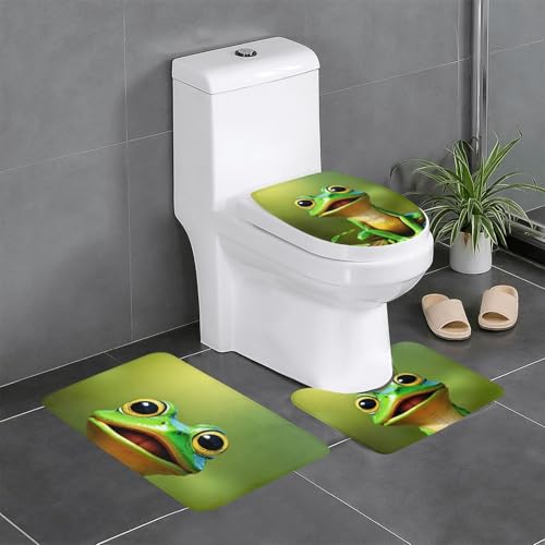 3-teiliges Badezimmerteppich-Set mit grünem Frosch-Druck, Badteppiche, Badezimmermatten, U-förmiger WC-Vorleger, O-förmiger Deckelbezug von LEVNDIEJ