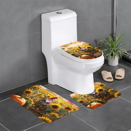 3-teiliges Badezimmerteppich-Set mit lustigem Zwergen-Motiv, Badteppich, Badezimmermatten, U-förmiger WC-Vorleger, O-förmiger Deckelbezug von LEVNDIEJ