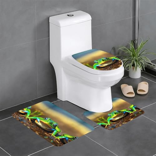 3-teiliges Badezimmerteppich-Set mit niedlichem Frosch-Druck, Badteppich, Badezimmermatten, U-förmiger Toilettenvorleger, O-förmiger Deckelbezug von LEVNDIEJ