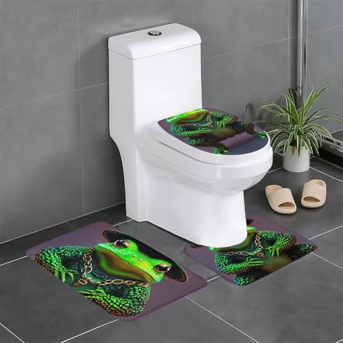 3-teiliges Badezimmerteppich-Set mit niedlichem Frosch-Druck, Badteppich, Badezimmermatten, U-förmiger Toilettenvorleger, O-förmiger Deckelbezug von LEVNDIEJ
