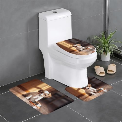 3-teiliges Badezimmerteppich-Set mit niedlichem Knochenmotiv und Pfotenabdruck, U-förmiger Toilettenvorleger, O-förmiger Deckelbezug von LEVNDIEJ