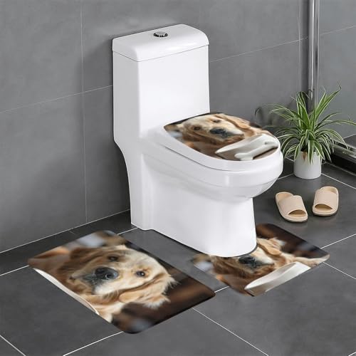 3-teiliges Badezimmerteppich-Set mit niedlichem Knochenmotiv und Pfotenabdruck, U-förmiger Toilettenvorleger, O-förmiger Deckelbezug von LEVNDIEJ