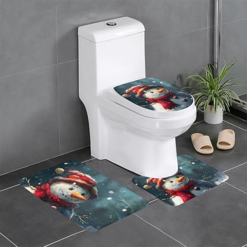 3-teiliges Badezimmerteppich-Set mit niedlichem Schneemann-Druck, Badteppiche, Badezimmermatten, U-förmiger WC-Vorleger, O-förmiger Deckelbezug 3-teiliges Badezimmerteppich-Set mit niedlichem Schneemann-Druck, Badteppiche, Badezimmermatten, U-förmiger WC-Vorleger, O-förmiger Deckelbezug von LEVNDIEJ