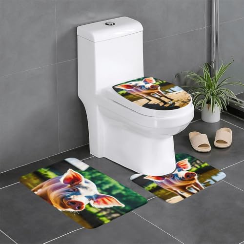 3-teiliges Badezimmerteppich-Set mit niedlichem Schweine-Druck, Badteppiche, Badezimmermatten, U-förmiger WC-Vorleger, O-förmiger Deckelbezug von LEVNDIEJ