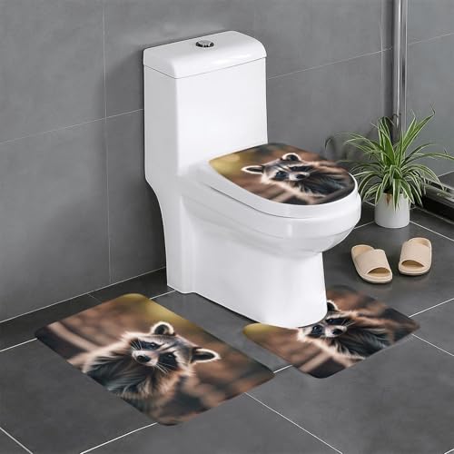 3-teiliges Badezimmerteppich-Set mit niedlichem Waschbär (1), Badteppich-Set, U-förmiger WC-Vorleger, O-förmiger Deckelbezug von LEVNDIEJ
