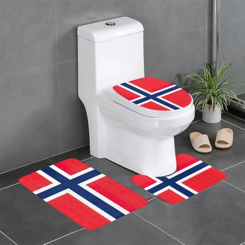 3-teiliges Badezimmerteppich-Set mit norwegischer Flagge, Badteppich, Badezimmermatten, U-förmiger Toilettenvorleger, O-förmiger Deckelbezug von LEVNDIEJ